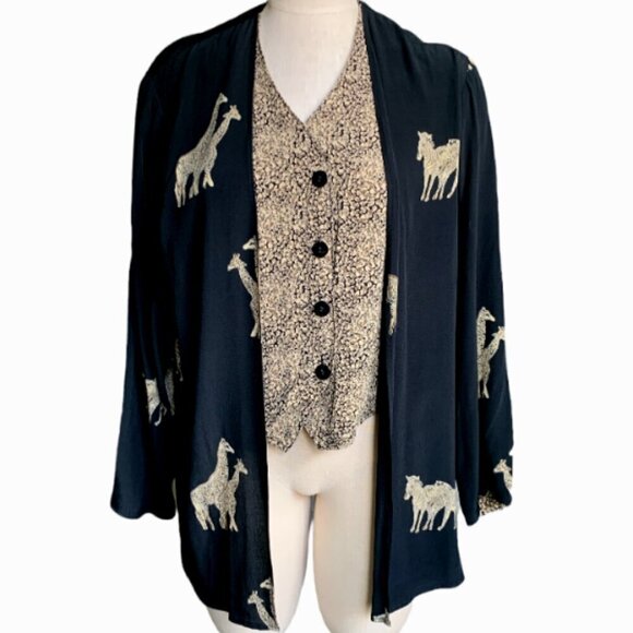 VTG Ilyse Hart Ltd Blazer w/ Attached Button Vest Safari Novelty Print M 24M - Picture 2 of 9